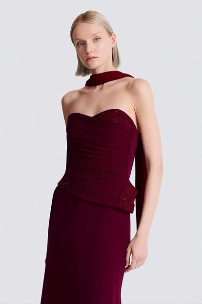 Bordo Işıltı Detaylı Abiye Elbise